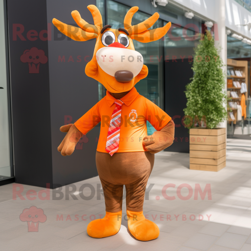 Orange Reindeer mascot costume character dressed with a Polo Shirt and Pocket squares