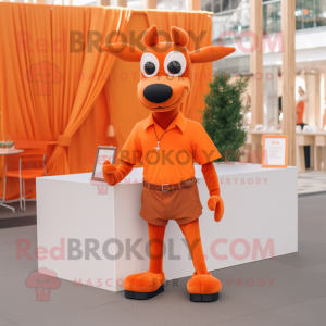 Orange Reindeer mascot costume character dressed with a Polo Shirt and Pocket squares
