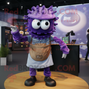 Purple Fried Calamari mascot costume character dressed with a Jeans and Gloves