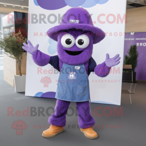 Purple Fried Calamari mascot costume character dressed with a Jeans and Gloves