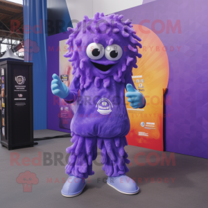 Purple Fried Calamari mascot costume character dressed with a Jeans and Gloves