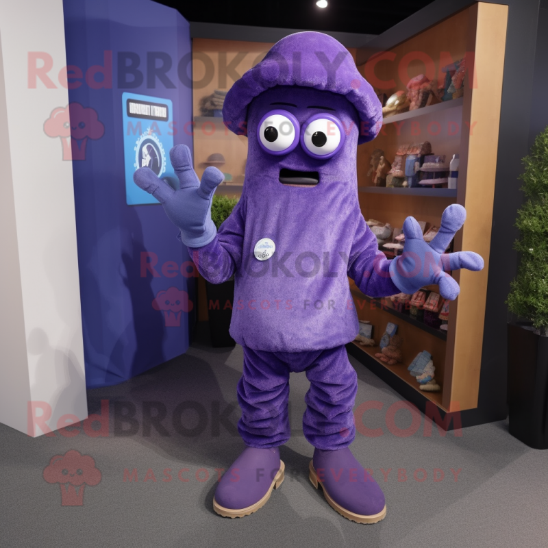 Purple Fried Calamari mascot costume character dressed with a Jeans and Gloves Purple Fried Calamari mascot costume character dressed with a Jeans and Gloves