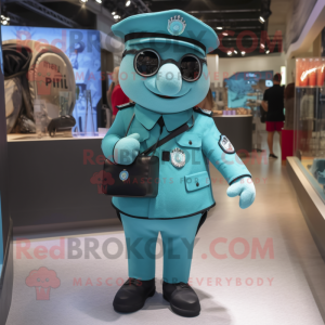Turquoise Police Officer mascot costume character dressed with a Coat and Briefcases