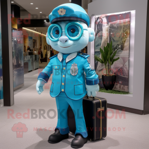 Turquoise Police Officer mascot costume character dressed with a Coat and Briefcases