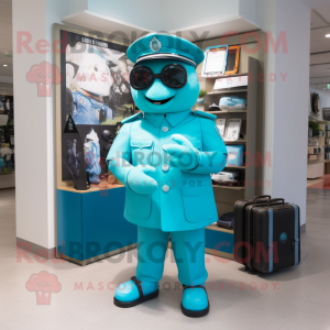 Turquoise Police Officer mascot costume character dressed with a Coat and Briefcases