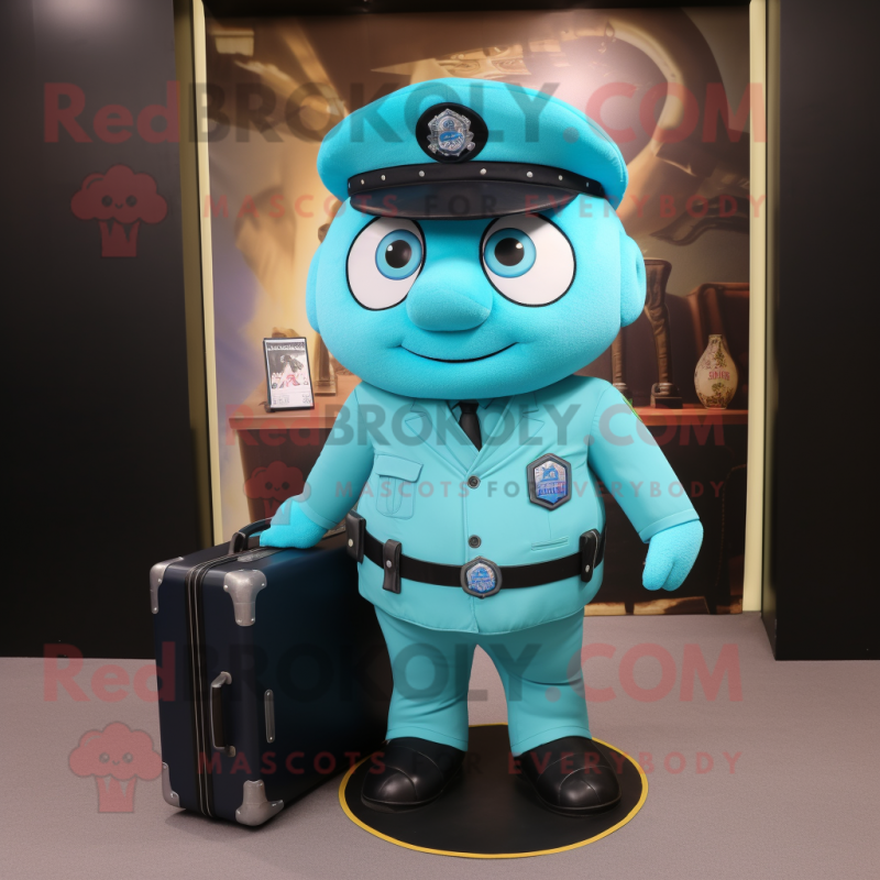 Turquoise Police Officer mascot costume character dressed with a Coat and Briefcases