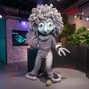 Silver Medusa mascot costume character dressed with a Overalls and Hairpins