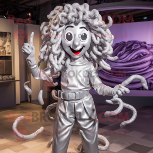Silver Medusa mascot costume character dressed with a Overalls and Hairpins