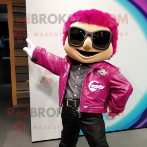 Magenta Ray mascot costume character dressed with a Moto Jacket and Tie pins
