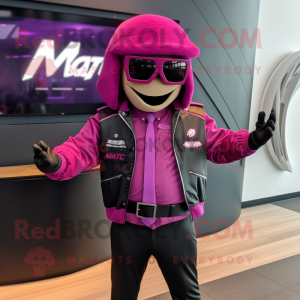 Magenta Ray mascot costume character dressed with a Moto Jacket and Tie pins