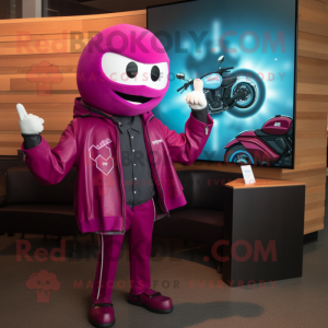 Magenta Ray mascot costume character dressed with a Moto Jacket and Tie pins