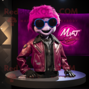 Magenta Ray mascot costume character dressed with a Moto Jacket and Tie pins