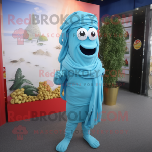 Sky Blue Pesto Pasta mascot costume character dressed with a Joggers and Scarf clips