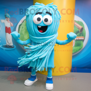 Sky Blue Pesto Pasta mascot costume character dressed with a Joggers and Scarf clips