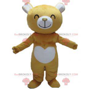 Mascote urso de pelúcia amarelo e branco muito sorridente -