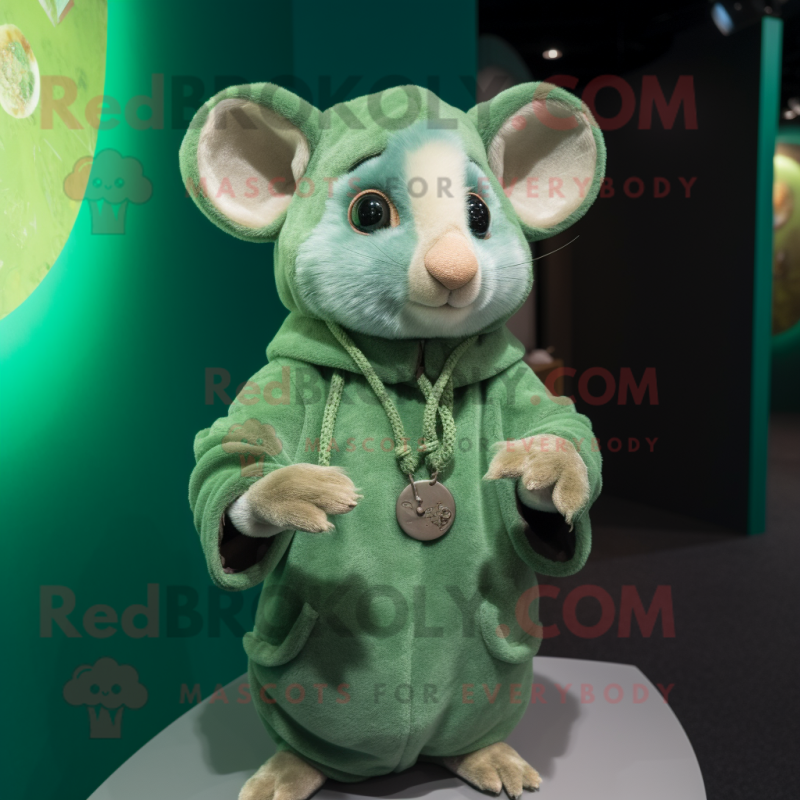 Green Dormouse mascot costume character dressed with a Hoodie and Necklaces