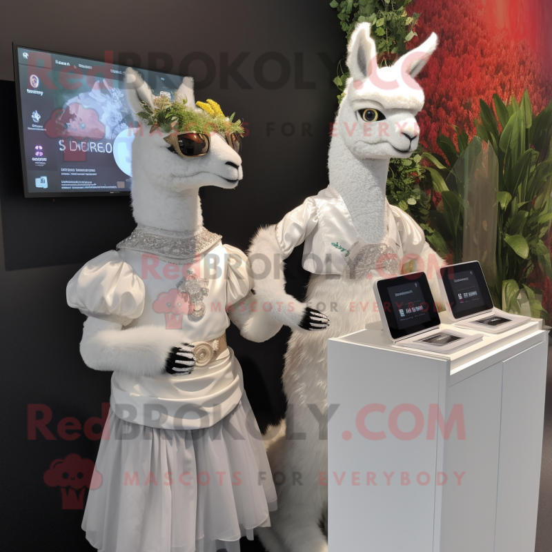 Silver Llama mascot costume character dressed with a Wedding Dress and Smartwatches Silver Llama mascot costume character dressed with a Wedding Dress and Smartwatches