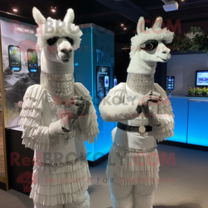 Silver Llama mascot costume character dressed with a Wedding Dress and Smartwatches