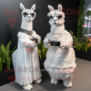 Silver Llama mascot costume character dressed with a Wedding Dress and Smartwatches