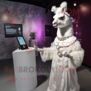 Silver Llama mascot costume character dressed with a Wedding Dress and Smartwatches