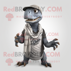 Gray Deinonychus mascot costume character dressed with a Polo Tee and Shawl pins