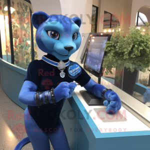 Blue Panther mascot costume character dressed with a Pencil Skirt and Bracelet watches