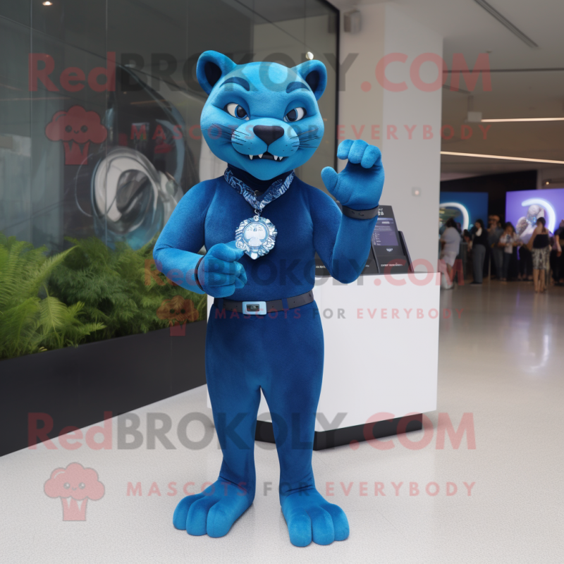 Blue Panther mascot costume character dressed with a Pencil Skirt and Bracelet watches