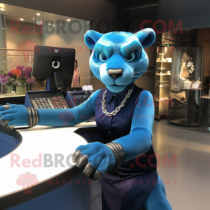 Blue Panther mascot costume character dressed with a Pencil Skirt and Bracelet watches