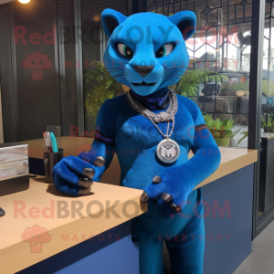 Blue Panther mascot costume character dressed with a Pencil Skirt and Bracelet watches