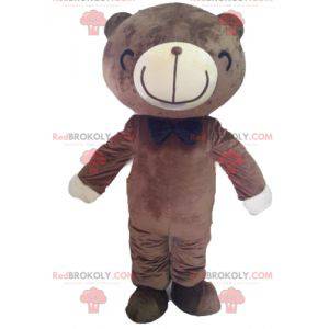 Mascote urso marrom e branco com um largo sorriso -