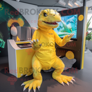 Lemon Yellow Komodo Dragon mascot costume character dressed with a Playsuit and Headbands