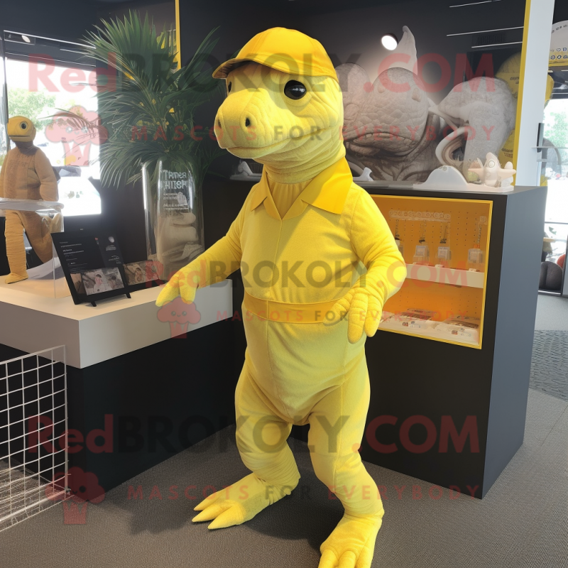 Lemon Yellow Komodo Dragon mascot costume character dressed with a Playsuit and Headbands