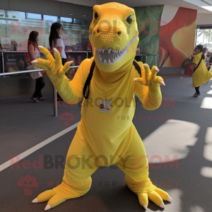 Lemon Yellow Komodo Dragon mascot costume character dressed with a Playsuit and Headbands