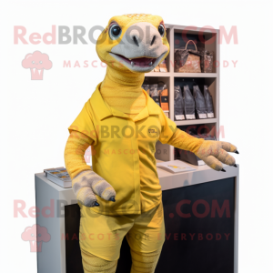 Lemon Yellow Komodo Dragon mascot costume character dressed with a Playsuit and Headbands