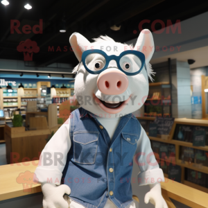 White Sow mascot costume character dressed with a Chambray Shirt and Sunglasses