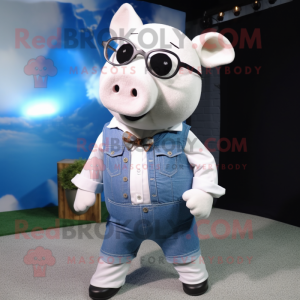 White Sow mascot costume character dressed with a Chambray Shirt and Sunglasses