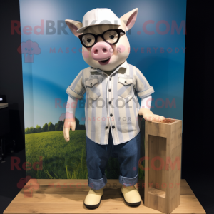 White Sow mascot costume character dressed with a Chambray Shirt and Sunglasses