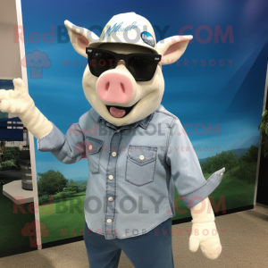 White Sow mascot costume character dressed with a Chambray Shirt and Sunglasses