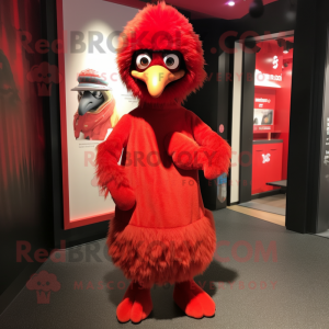 Red Emu mascot costume character dressed with a A-Line Dress and Beanies