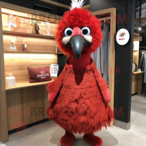 Red Emu mascot costume character dressed with a A-Line Dress and Beanies