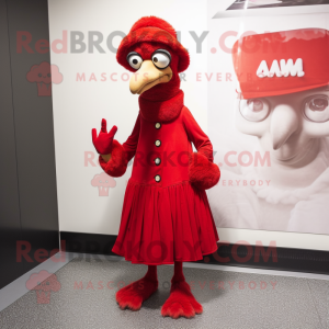 Red Emu mascot costume character dressed with a A-Line Dress and Beanies
