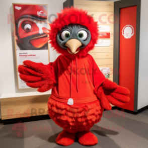 Red Emu mascot costume character dressed with a A-Line Dress and Beanies