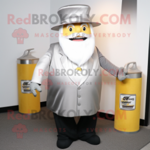 Silver Bottle Of Mustard mascot costume character dressed with a Suit Pants and Caps