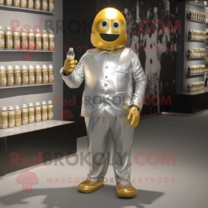 Silver Bottle Of Mustard mascot costume character dressed with a Suit Pants and Caps