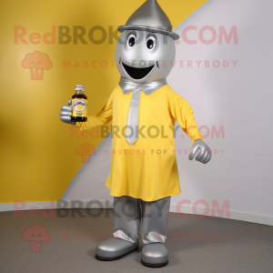 Silver Bottle Of Mustard mascot costume character dressed with a Suit Pants and Caps