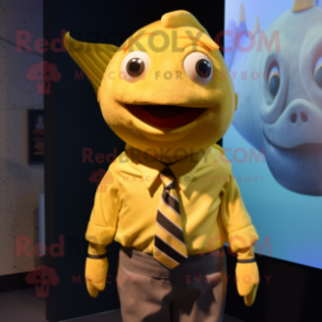 Yellow Cod mascot costume character dressed with a Button-Up Shirt and Tie pins