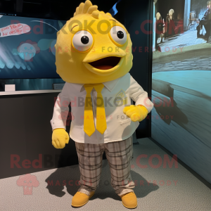 Yellow Cod mascot costume character dressed with a Button-Up Shirt and Tie pins