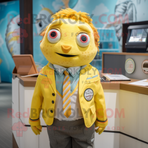 Yellow Cod mascot costume character dressed with a Button-Up Shirt and Tie pins