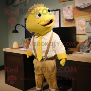 Yellow Cod mascot costume character dressed with a Button-Up Shirt and Tie pins