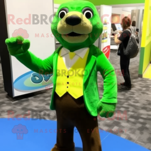 Lime Green Otter mascot costume character dressed with a Suit and Wallets